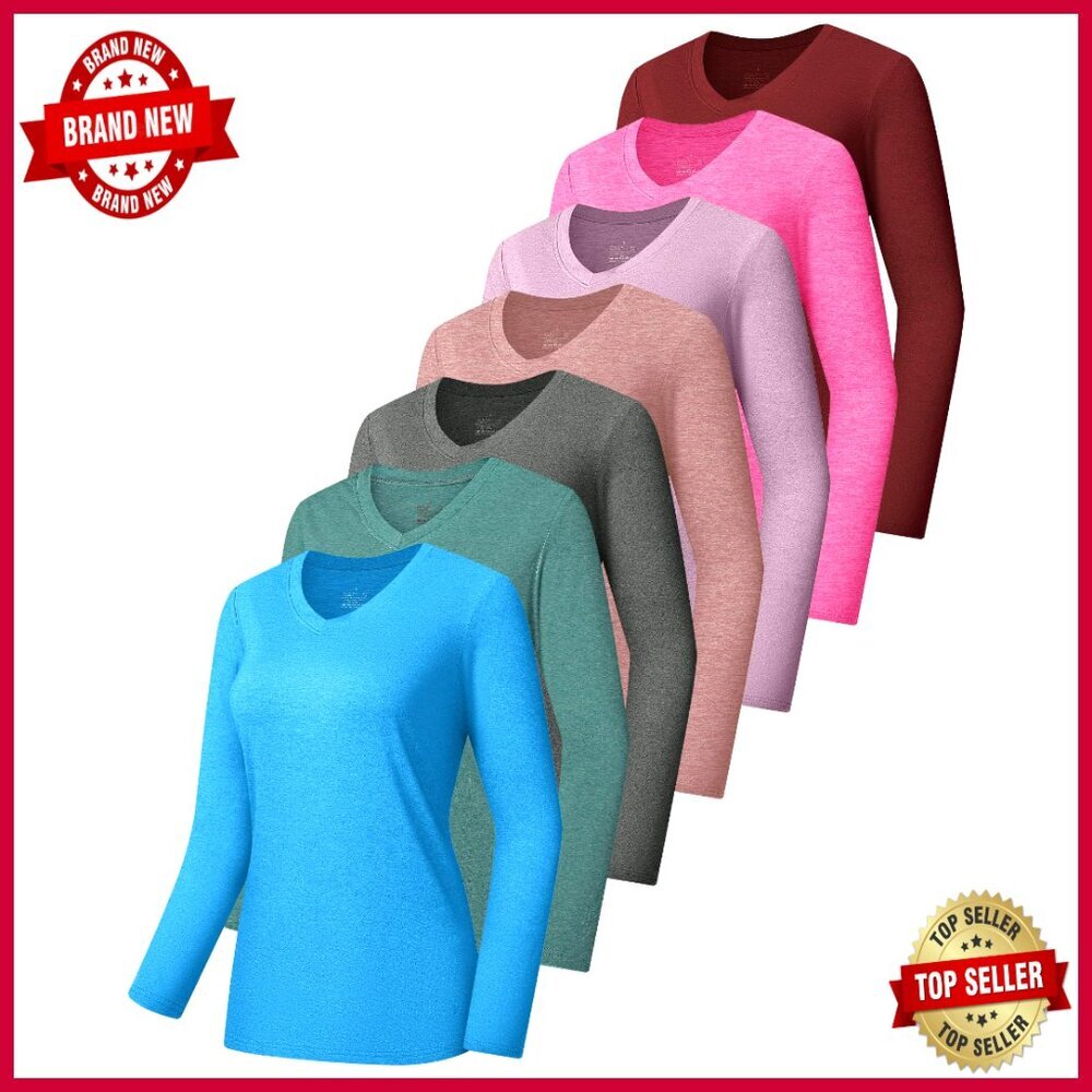 7 Pack Long Sleeve Athletic Shirts UPF 50+ Quick Dry V-Neck Workout Tops